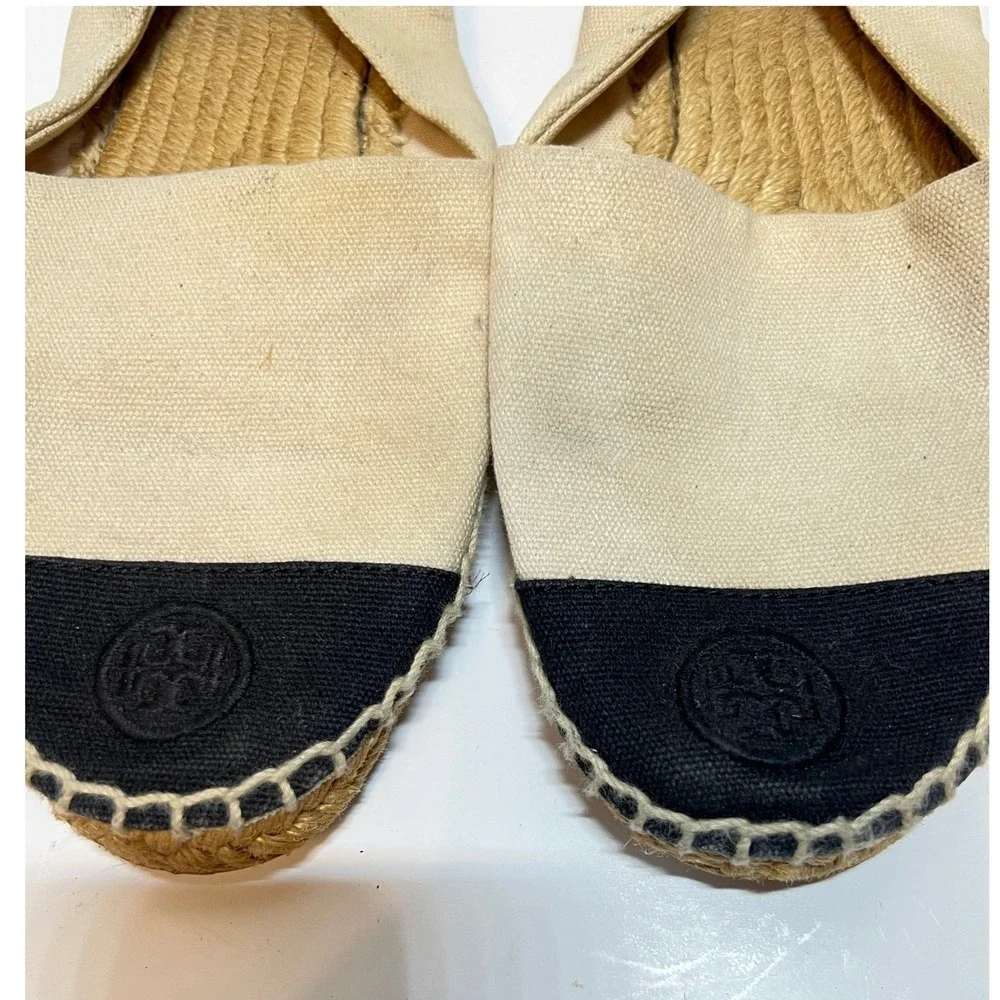 Tory Burch Espadrille Flats Black Toe Cap Beige Canvas Slip On Shoes‎ Size 8.5